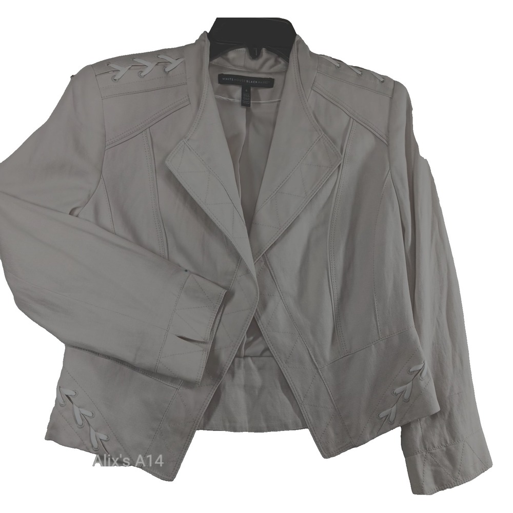 WHITE HOUSE BLACK‎ MARKET WHBM IVORY DENIM PEPLUM MOTORCYCLE MOTO JACKET SZ 4